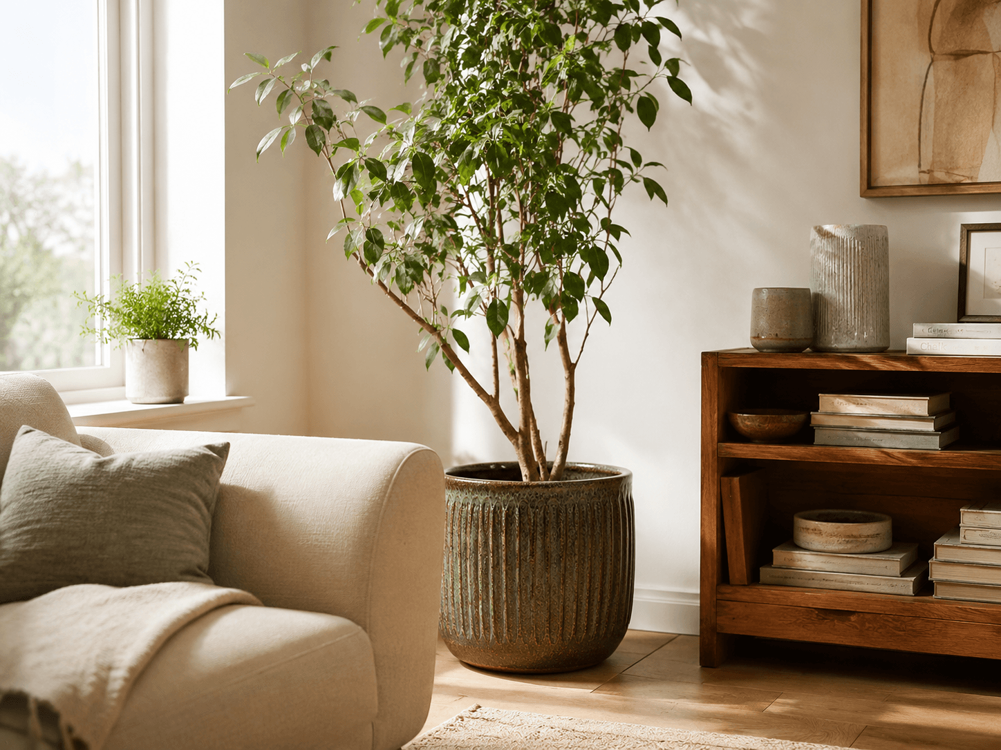a bright living room corner with a plant