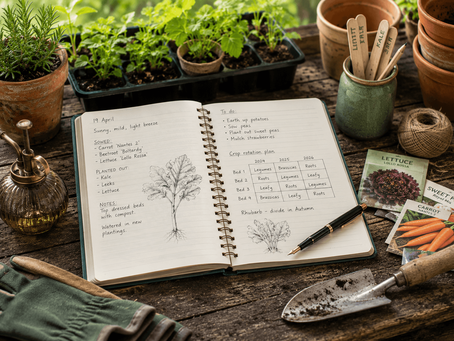 a garden notebook open on a potting bench