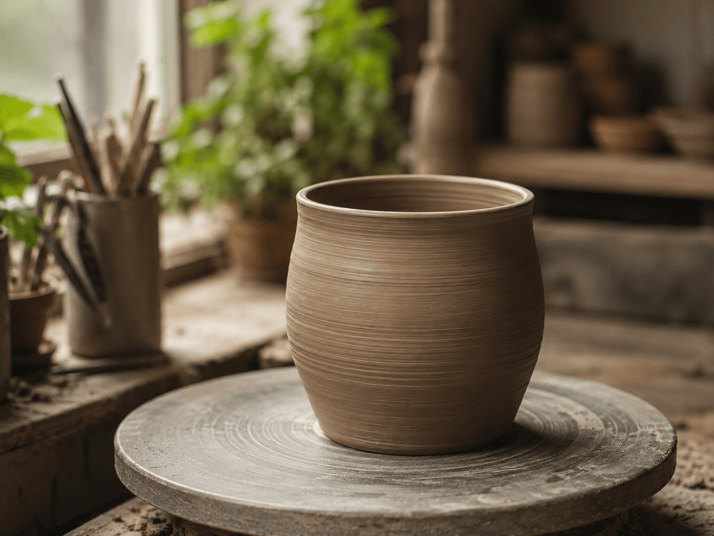 a wheel-thrown clay pot