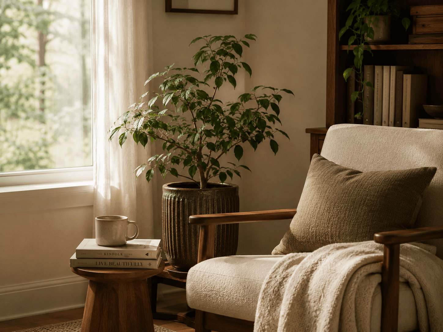 armchair beside a window with a plant