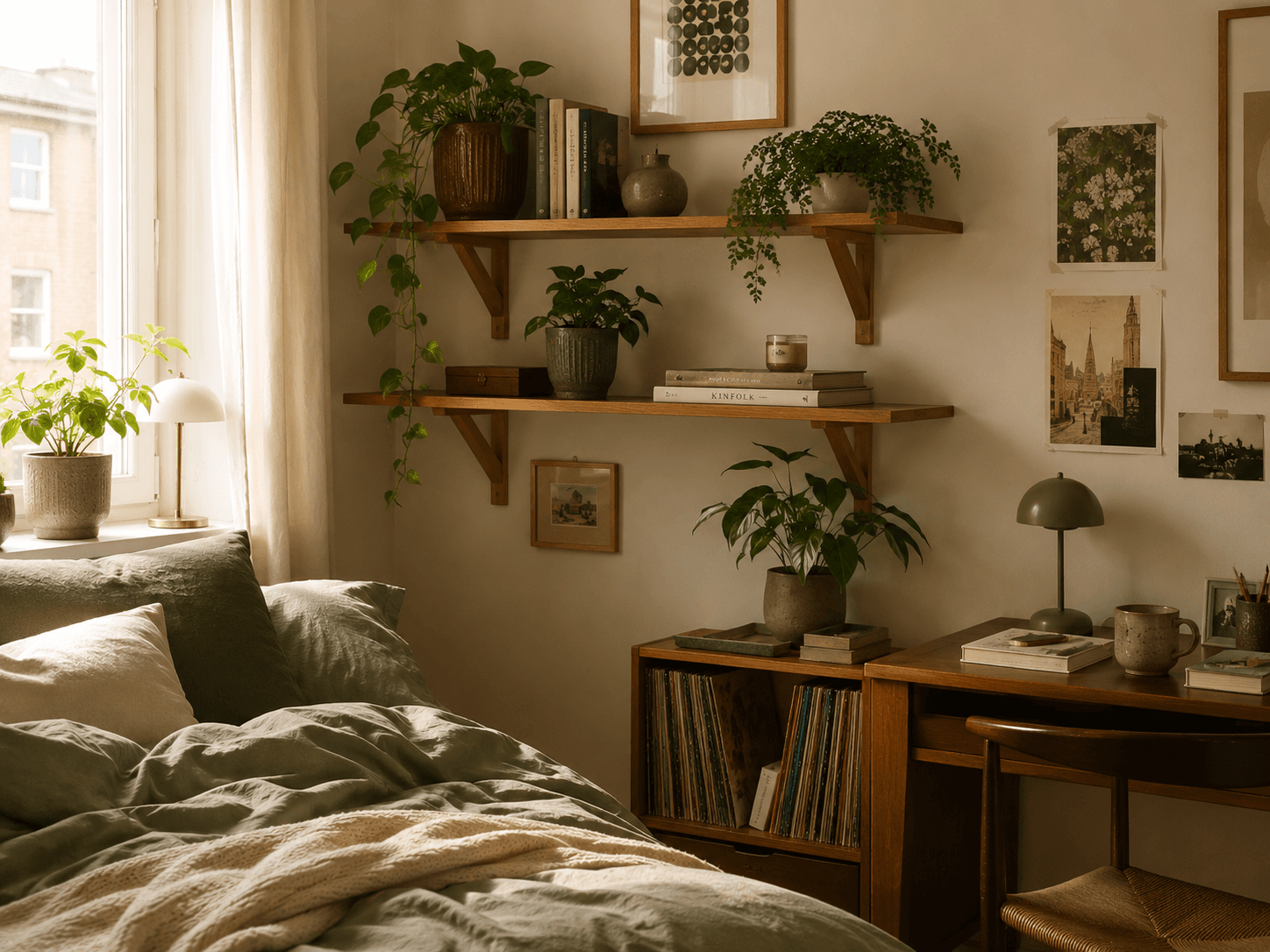 cosy rented room with plants on shelves