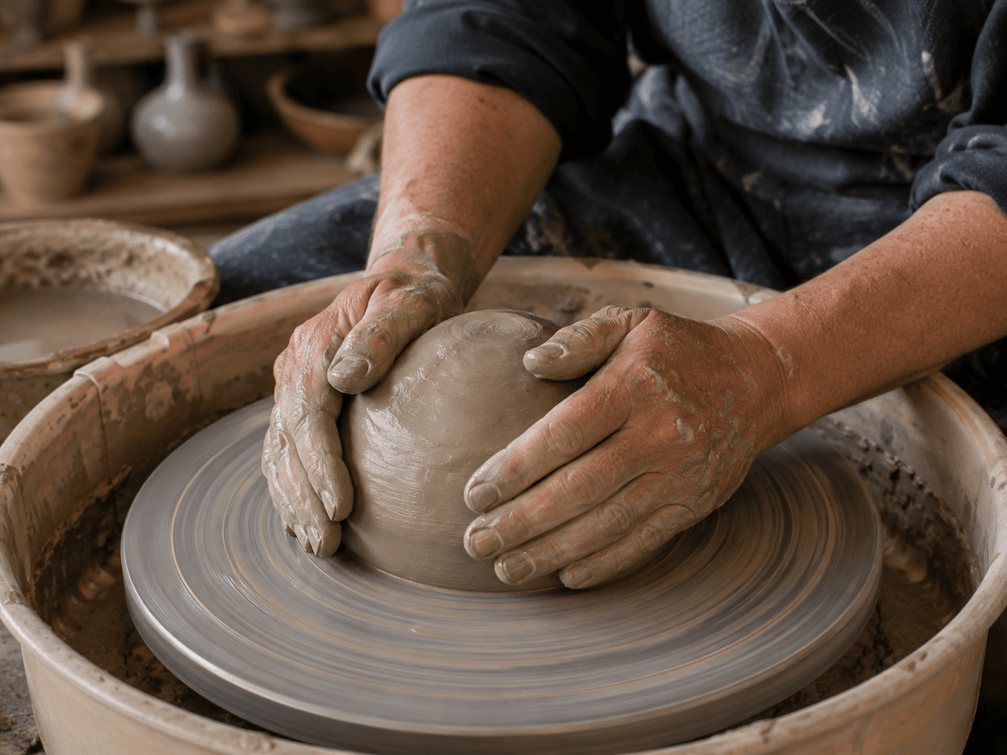 hands centring clay on a kick-wheel