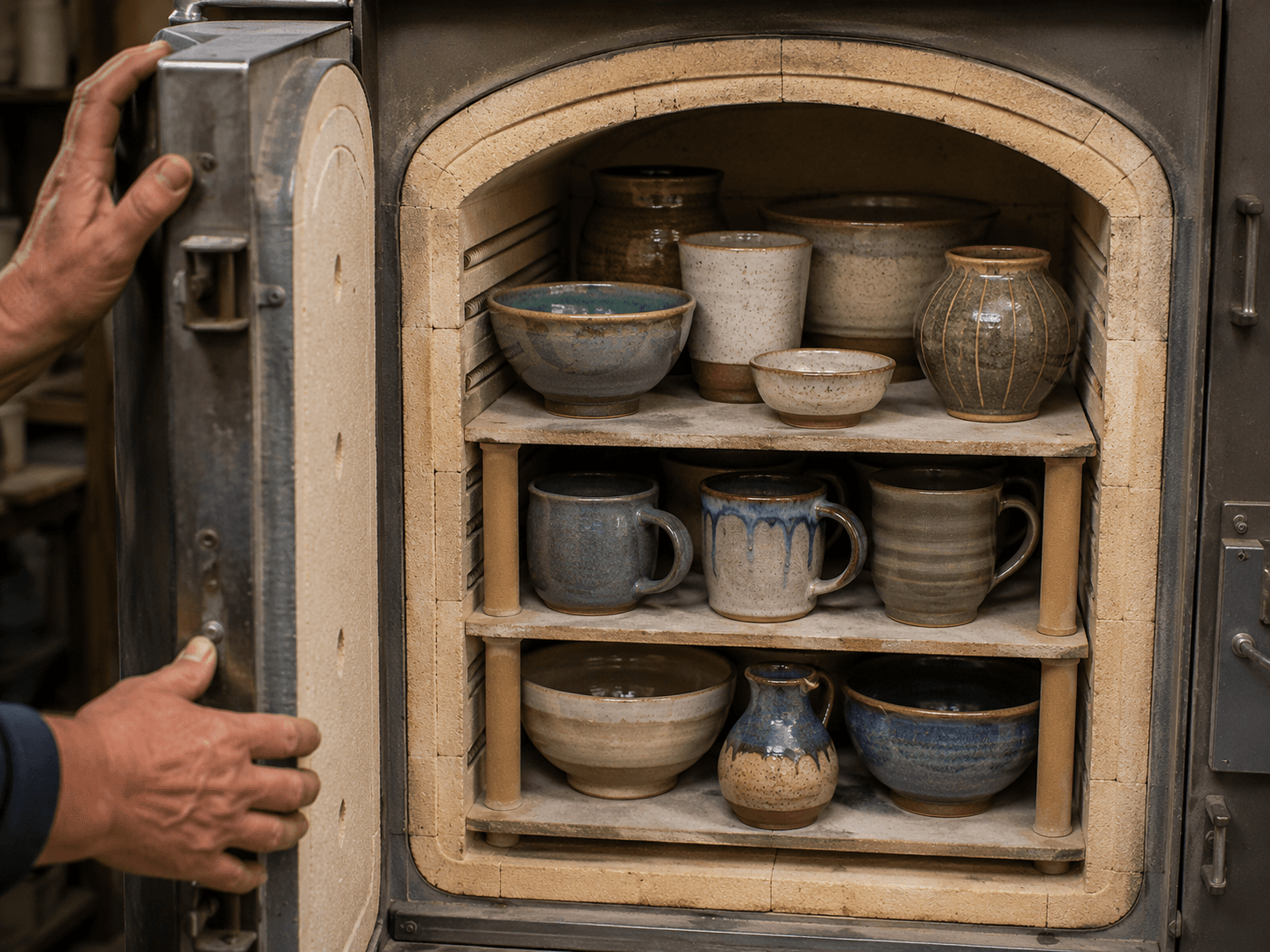 kiln opening with finished pots inside