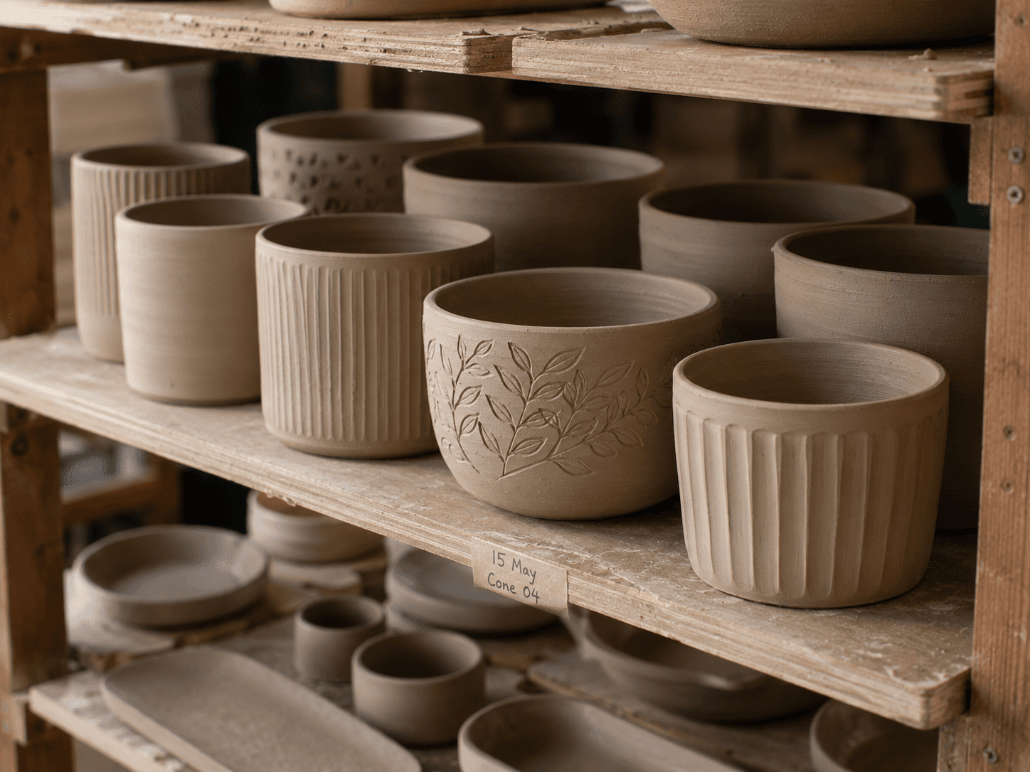 leather-hard pots drying on a shelf