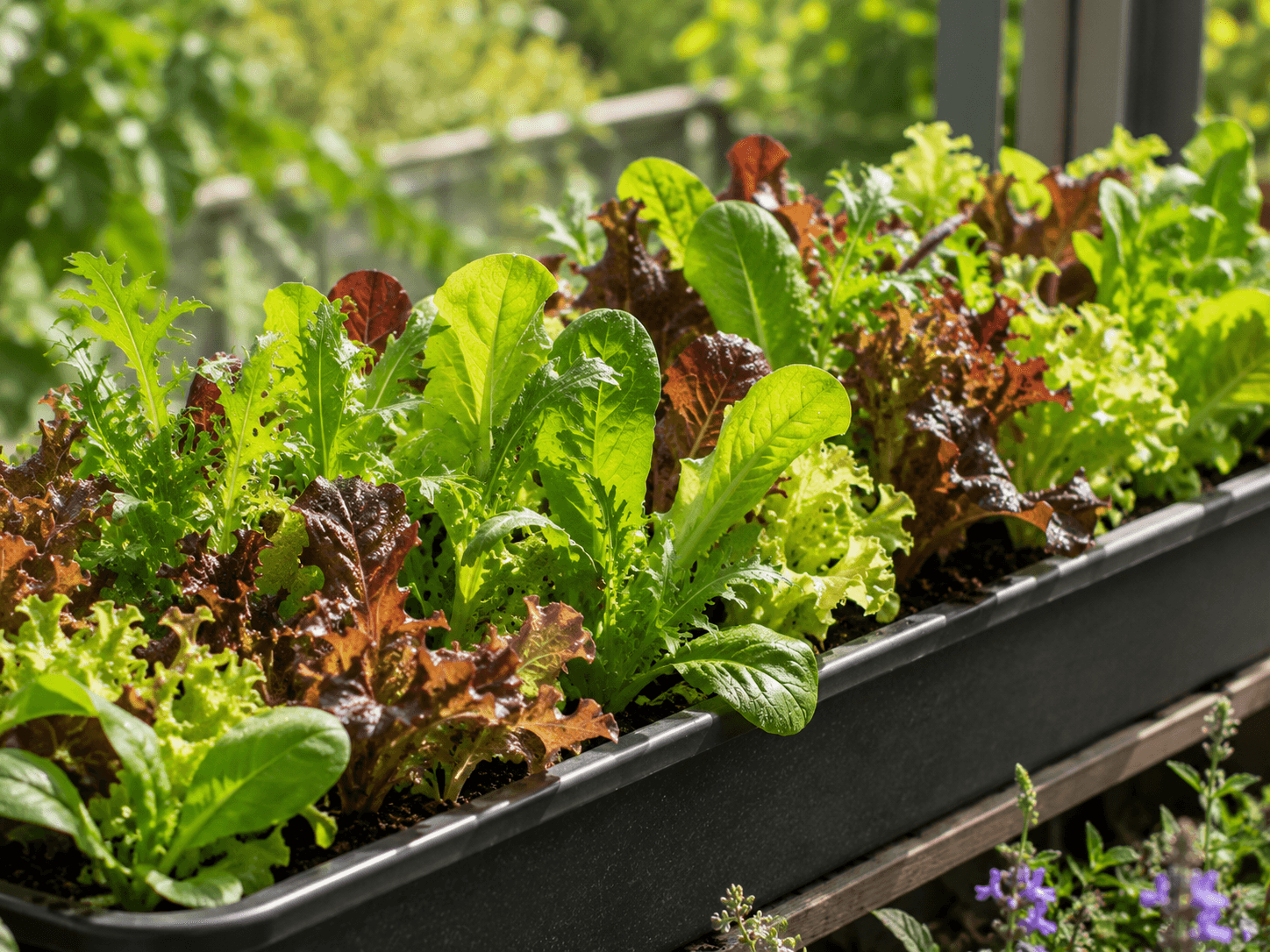 mixed salad leaves growing in a trough