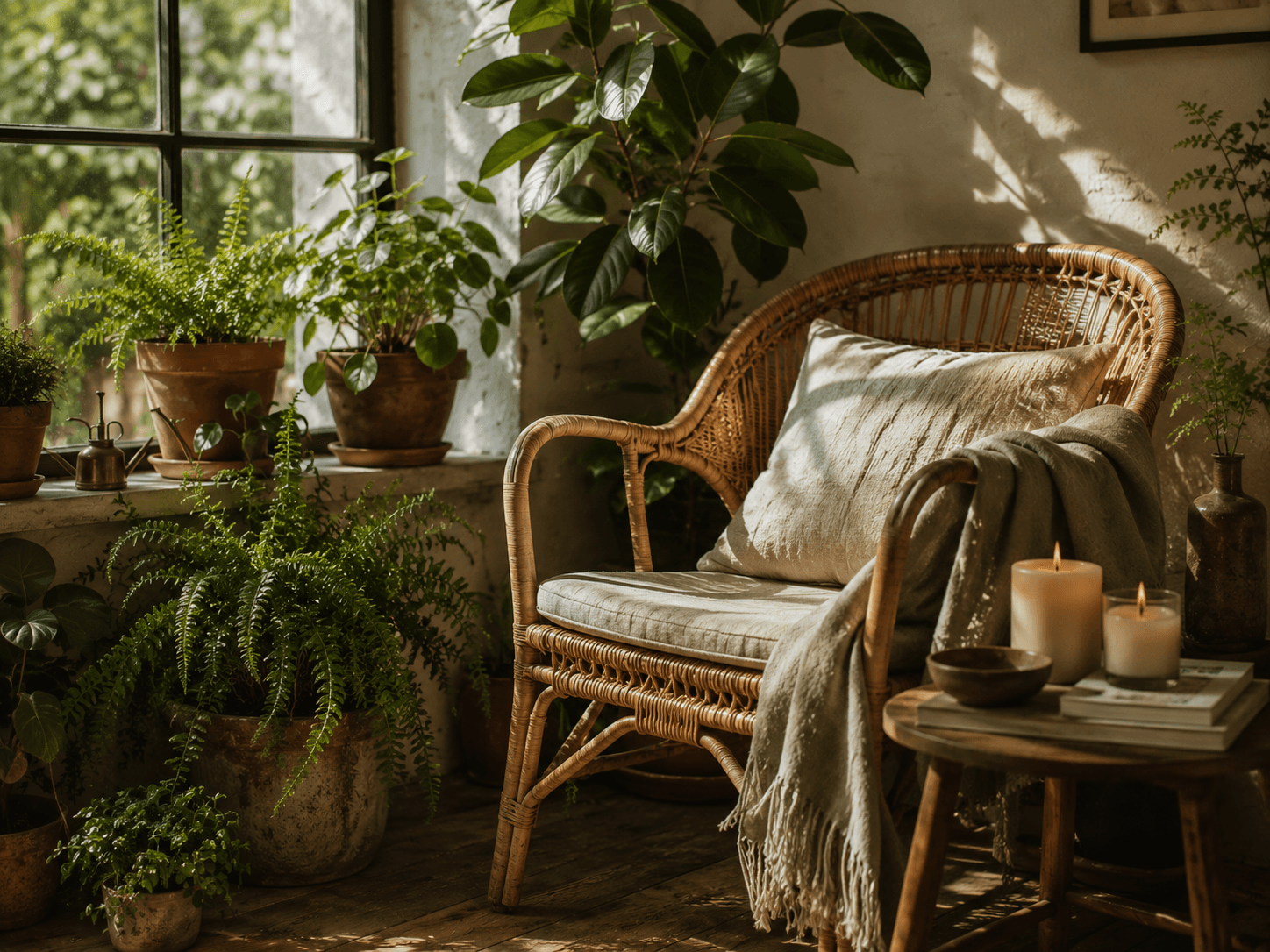 plants and candles by a sunny chair
