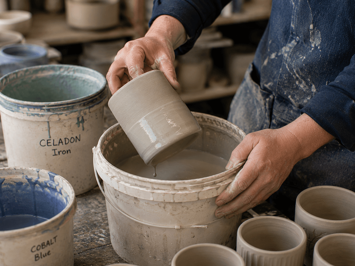 pots being dipped in glaze