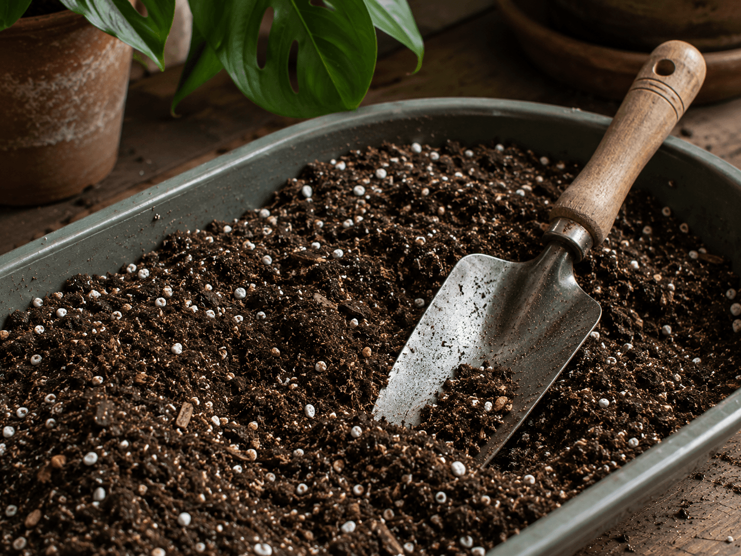 potting mix and a trowel