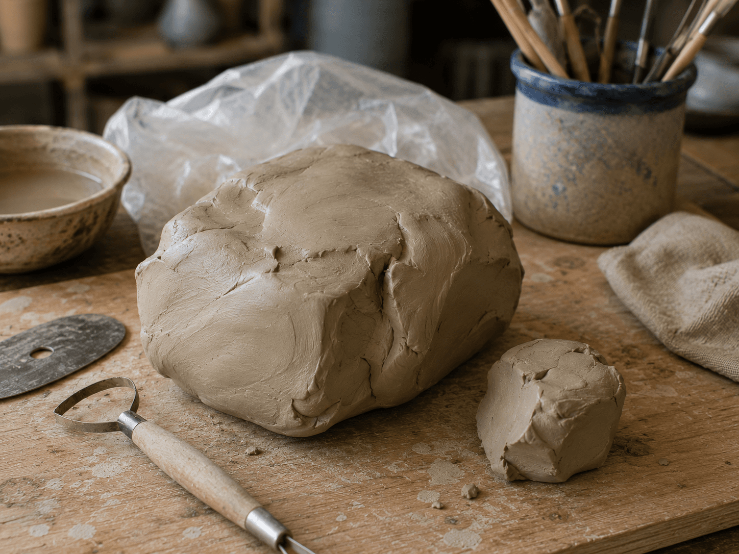 raw stoneware clay on a workbench
