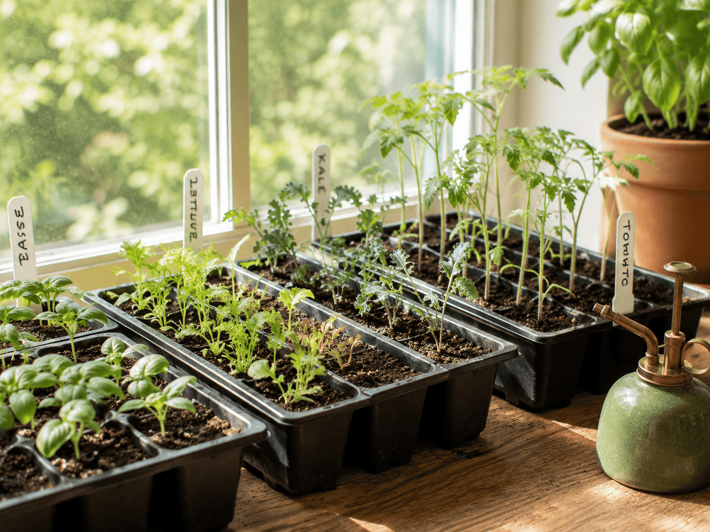 seed trays on a bright windowsill