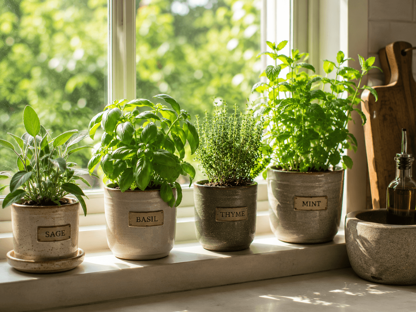 small herb pots on a kitchen windowsill