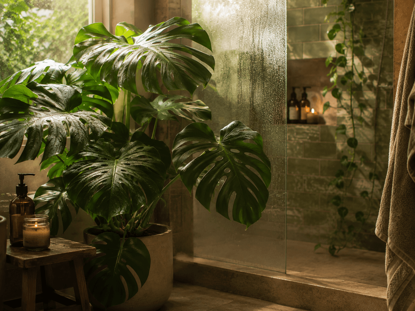 tropical plant in a steamy bathroom