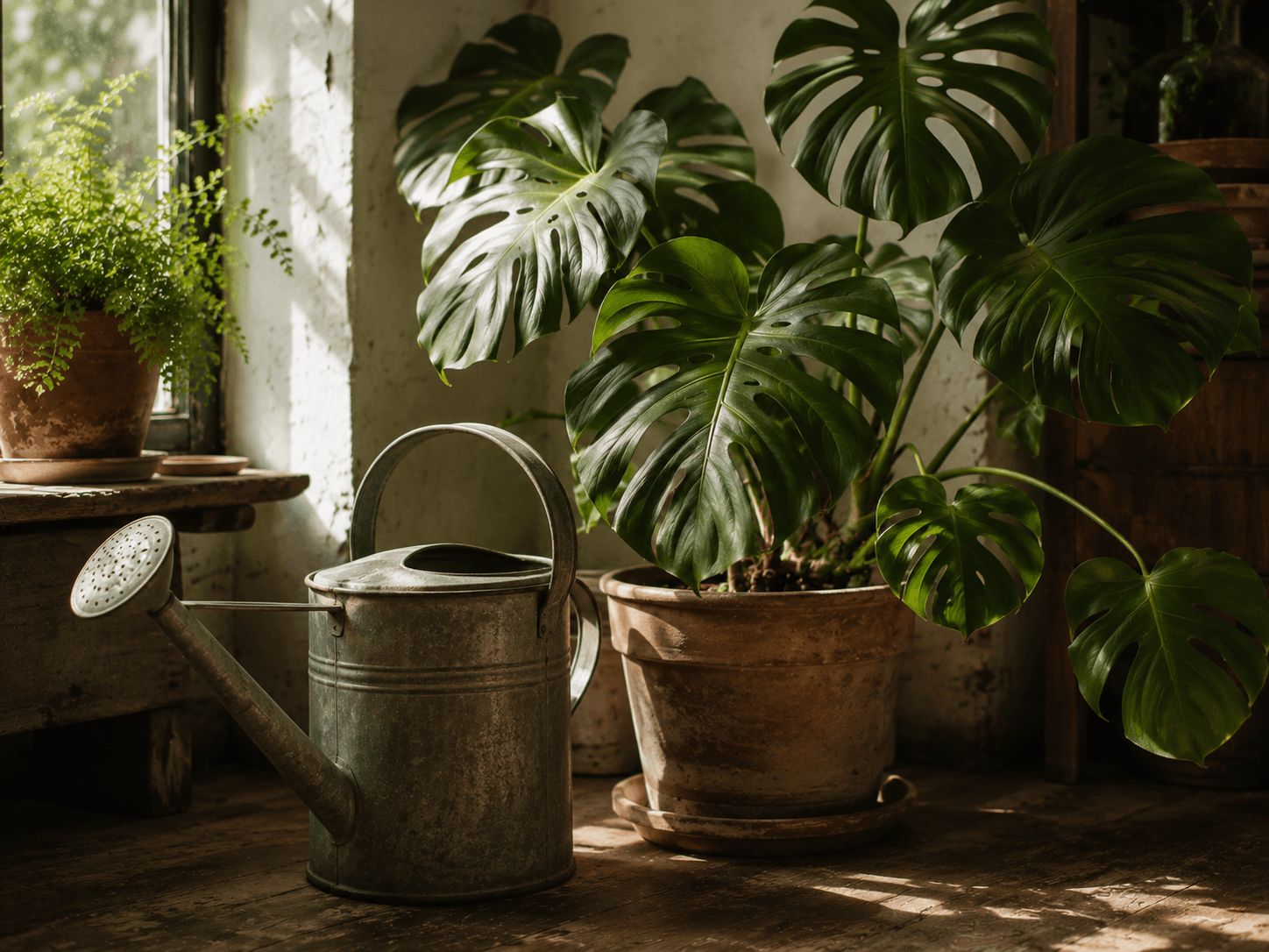 watering can beside a monstera