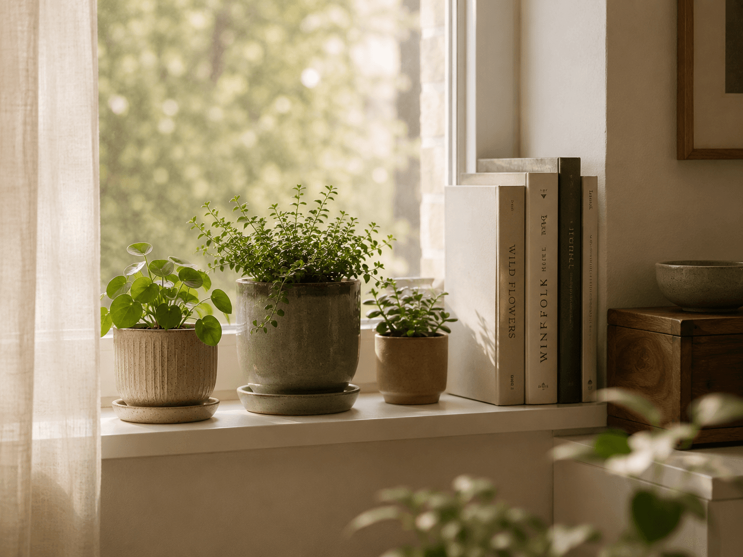 windowsill with small plants and books